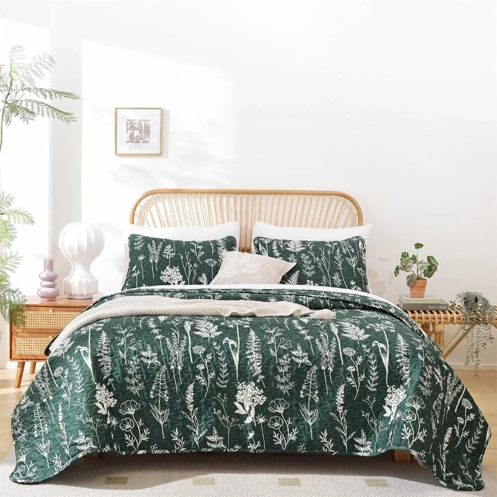 New Quilts Queen Size Emerald Green Floral Queen Quilt Bedding Set Microfiber